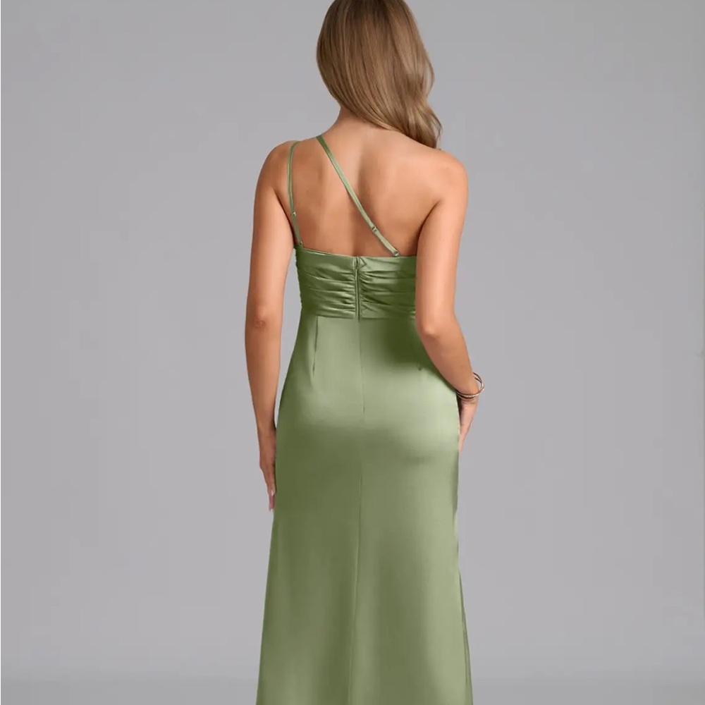 Azazie Satin One-Shoulder Olive Green Evening Dress
